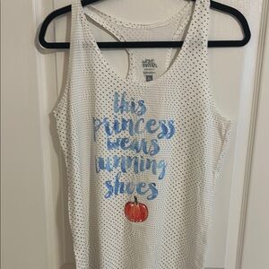 White Tank Top with Blue Text and Orange Detail